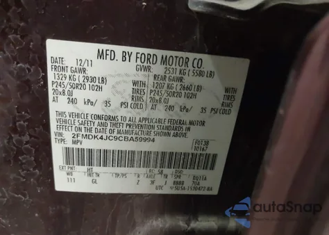2012 Ford Edge Sel from USA, damaged, VIN 2FMDK4JC9CBA59994